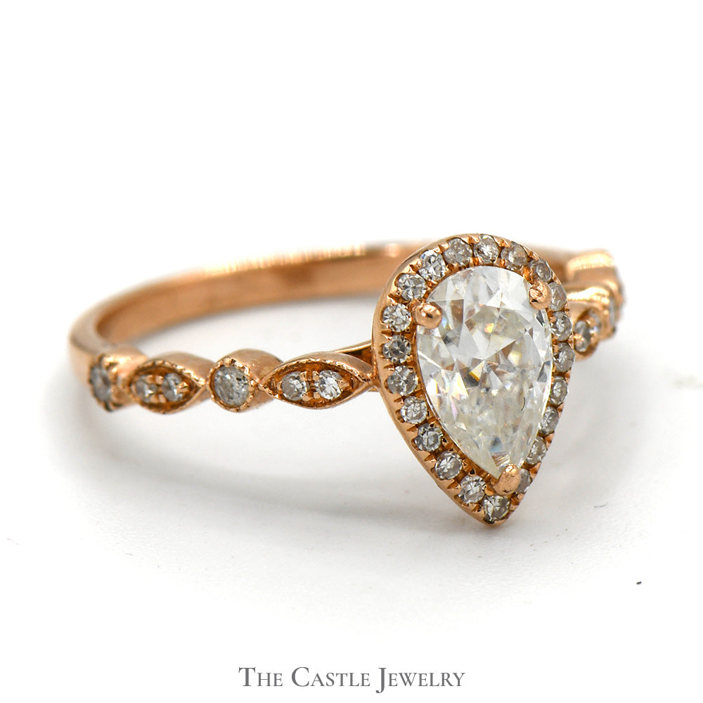 Pear Cut Moissanite Ring with Diamond Accents in 14k Rose Gold
