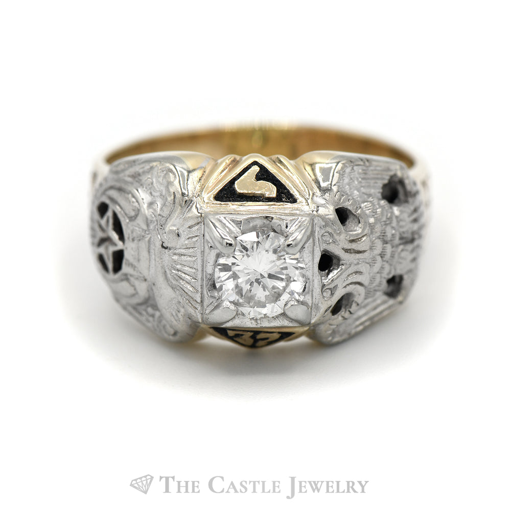 Two-Toned 1CT Round Diamond Masonic Ring in 10KT White and Yellow Gold