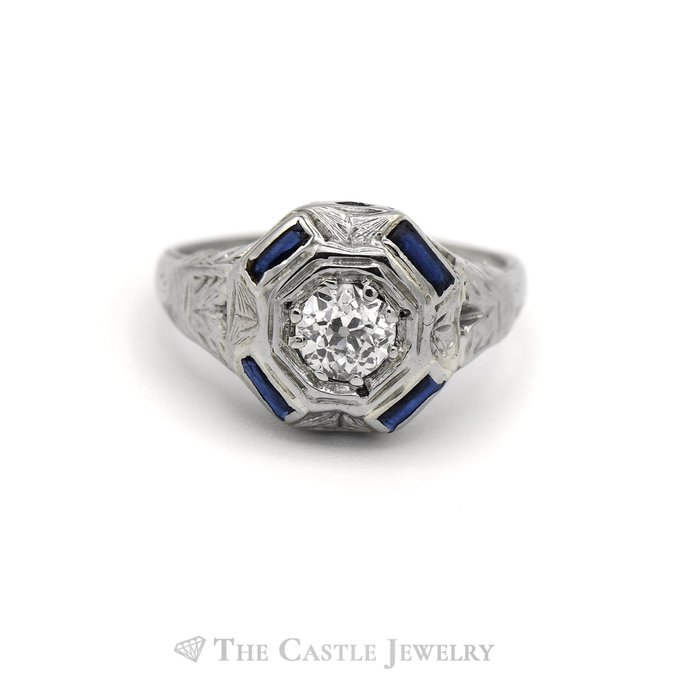 Old European Cut Diamond Solitaire Ring with Sapphire Accents in 10KT White Gold