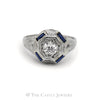 Old European Cut Diamond Solitaire Ring with Sapphire Accents in 10KT White Gold - Thumbnail 1