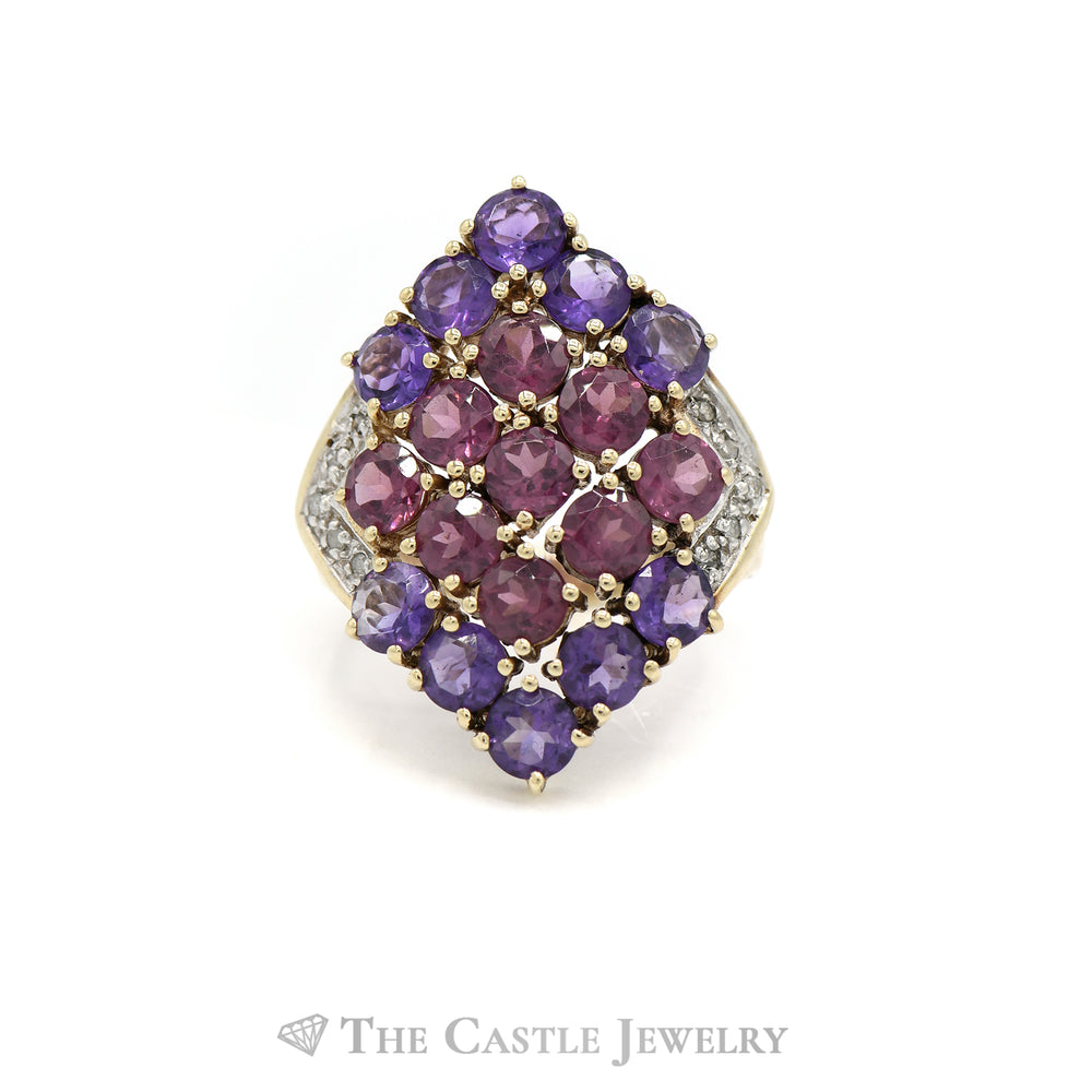 Rhodolite Garnet and Amethyst Cluster Ring with Diamond Accents in 10k Yellow Gold