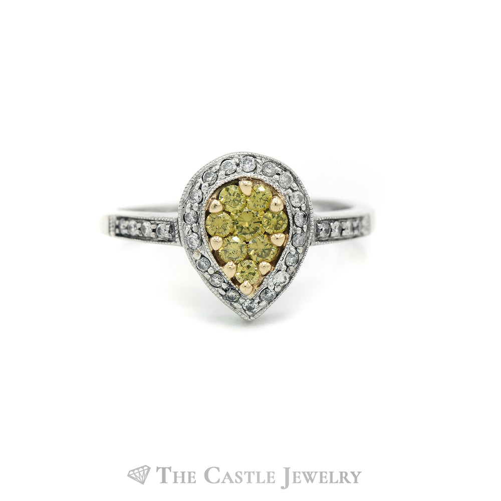 3/4cttw Pear Shaped Yellow & White Diamond Cluster Ring in 14k White Gold