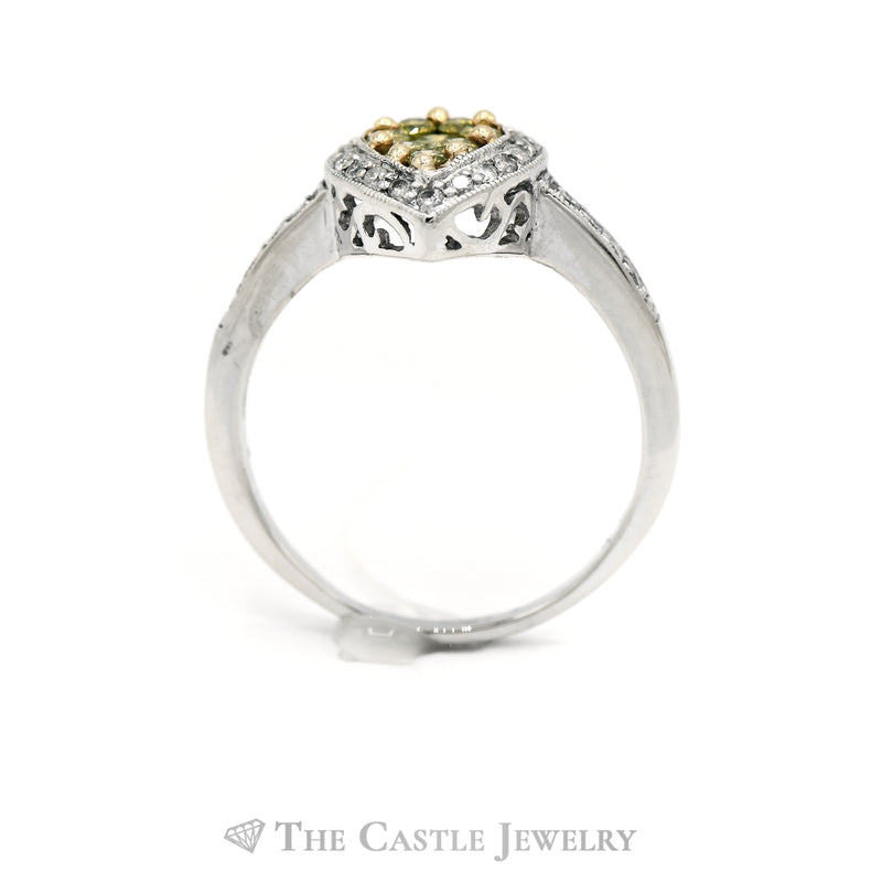 3/4cttw Pear Shaped Yellow & White Diamond Cluster Ring in 14k White Gold