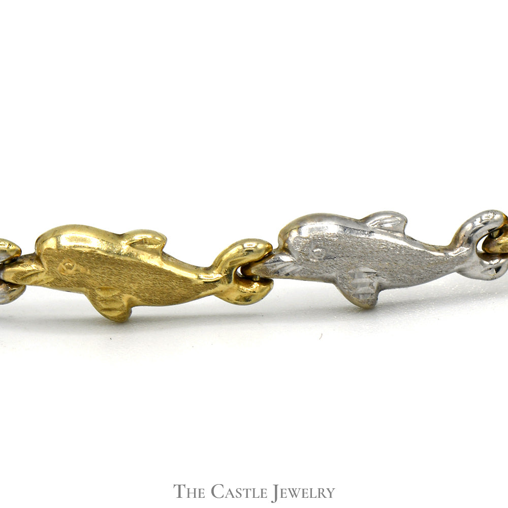 Two Tone 7 Inch Dolphin Link Bracelet in 10k Yellow and White Gold