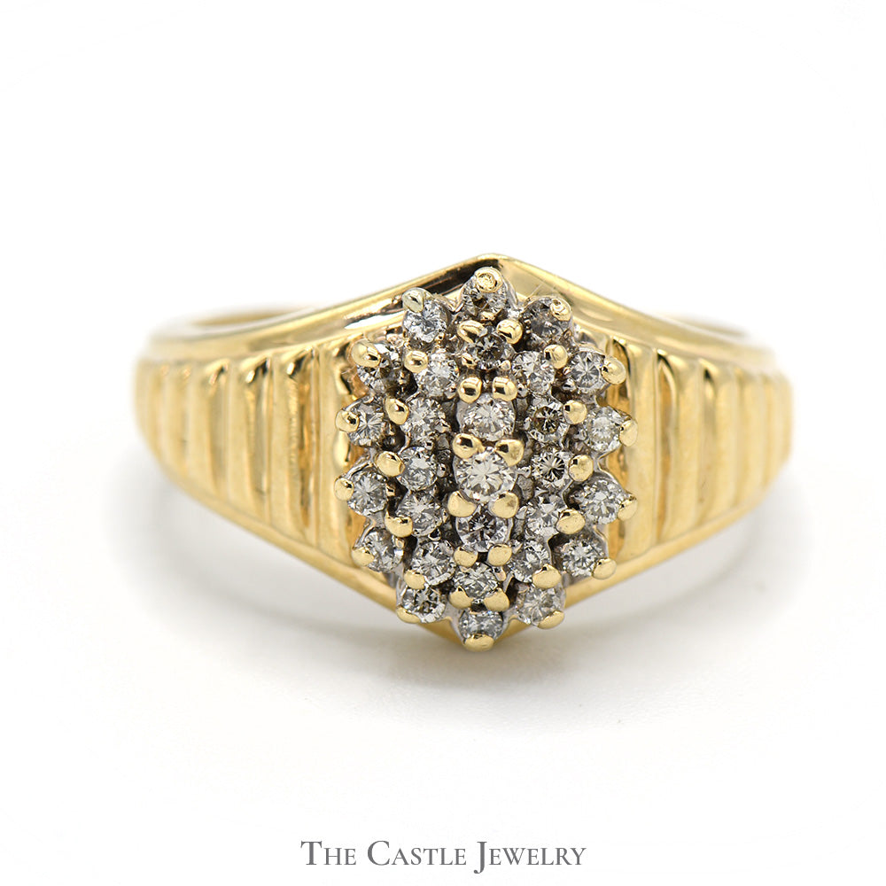 Oval Shaped 1/2cttw Diamond Cluster Ring in 10k Yellow Gold Ridged Tapered Setting