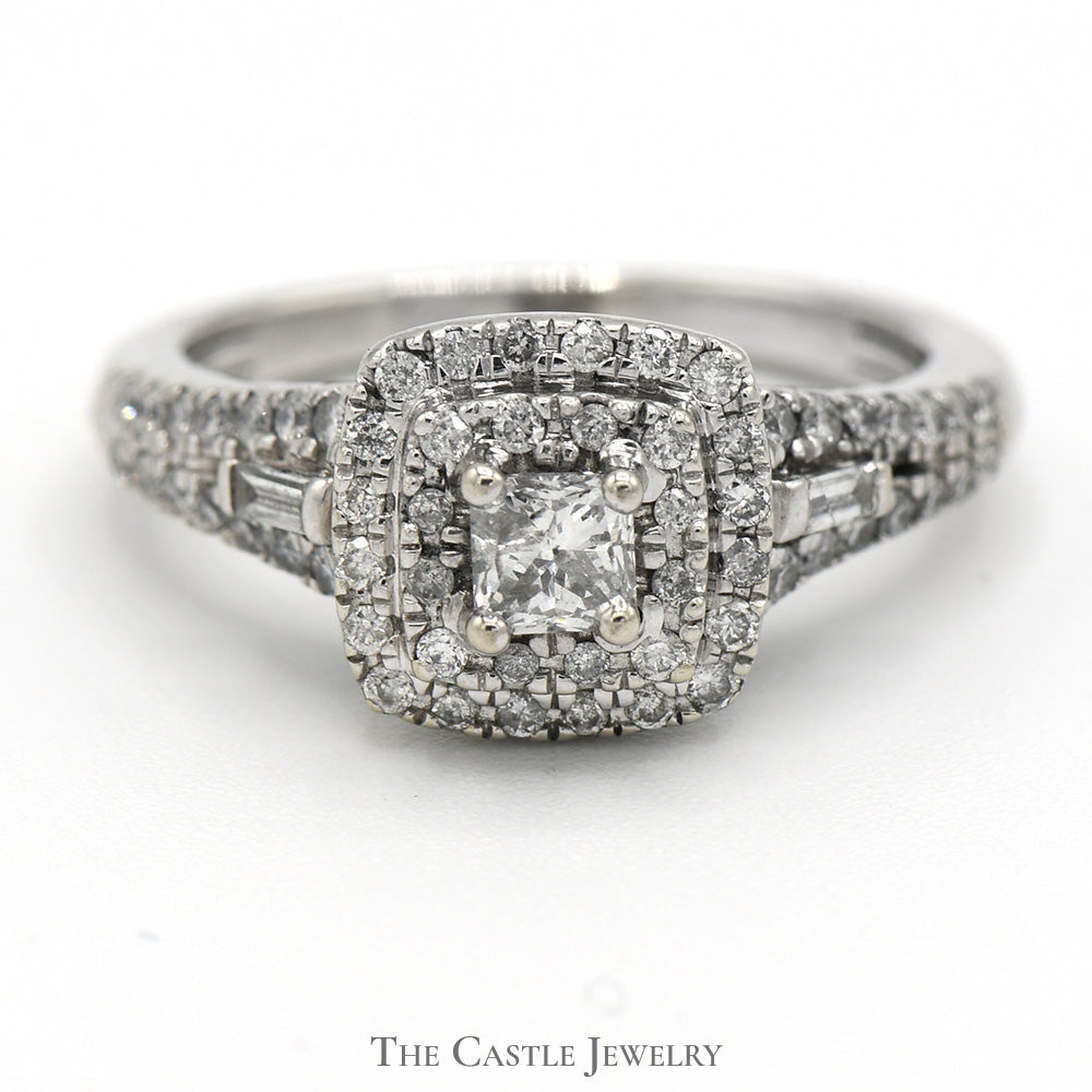3/4cttw Princess Cut Diamond Engagement Ring with Double Diamond Halo and Accents in 14k White Gold