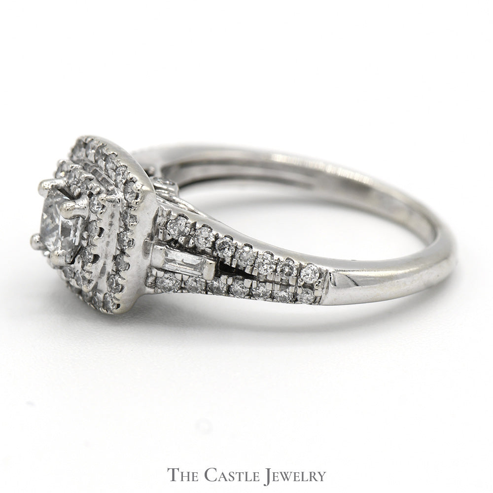 3/4cttw Princess Cut Diamond Engagement Ring with Double Diamond Halo and Accents in 14k White Gold