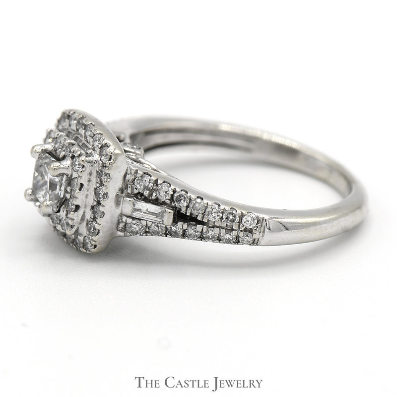 3/4cttw Princess Cut Diamond Engagement Ring with Double Diamond Halo and Accents in 14k White Gold