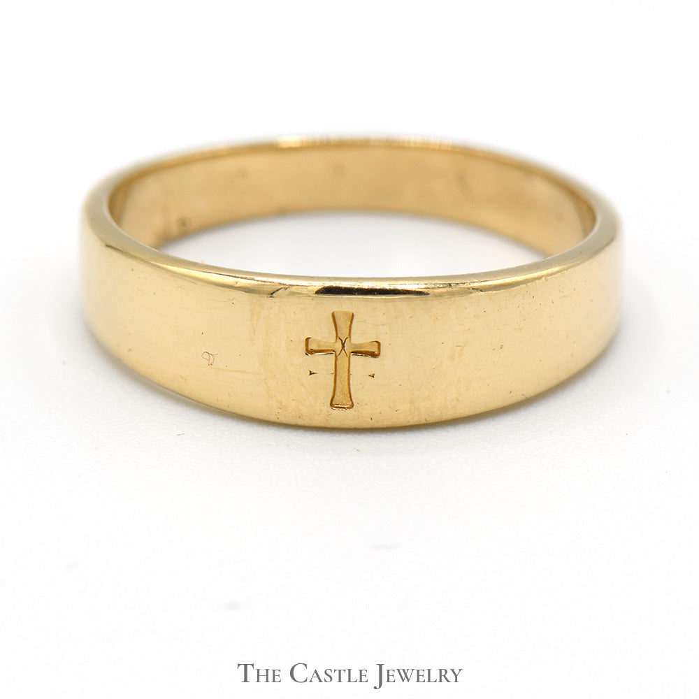 14k Yellow Gold Etched Cross Band - Size 7.25