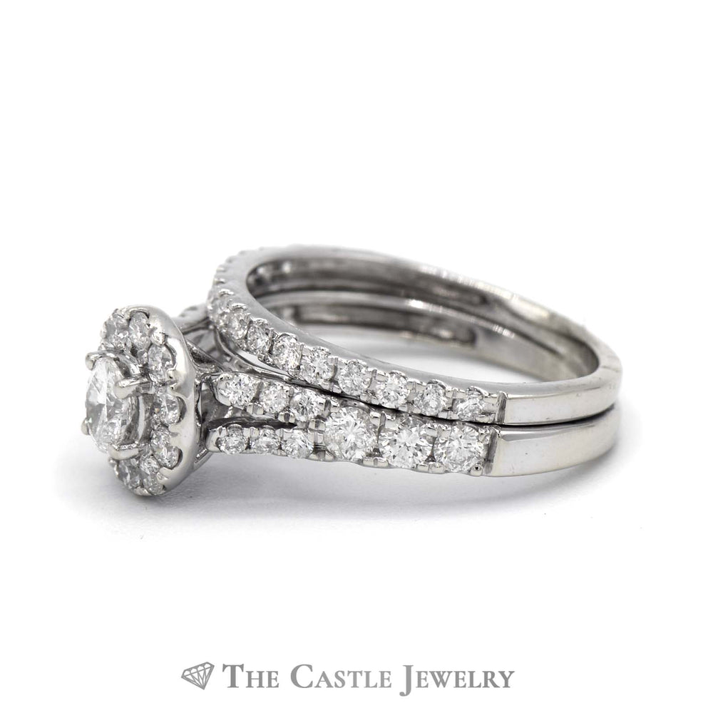 1cttw Oval Cut Diamond Bridal Set with Halo and Accented Matching Band in 14k White Gold