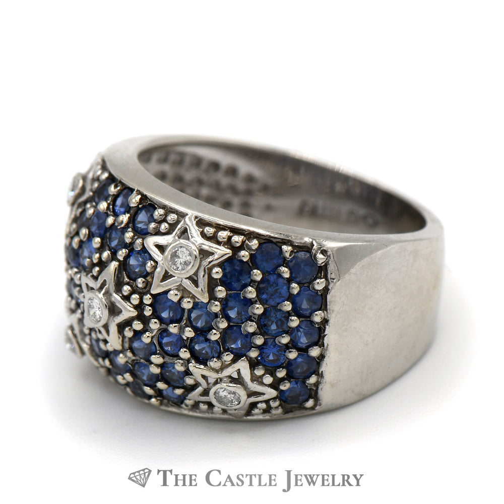 Sapphire and Diamond Cluster Star Designed Wide Band in 14k White Gold