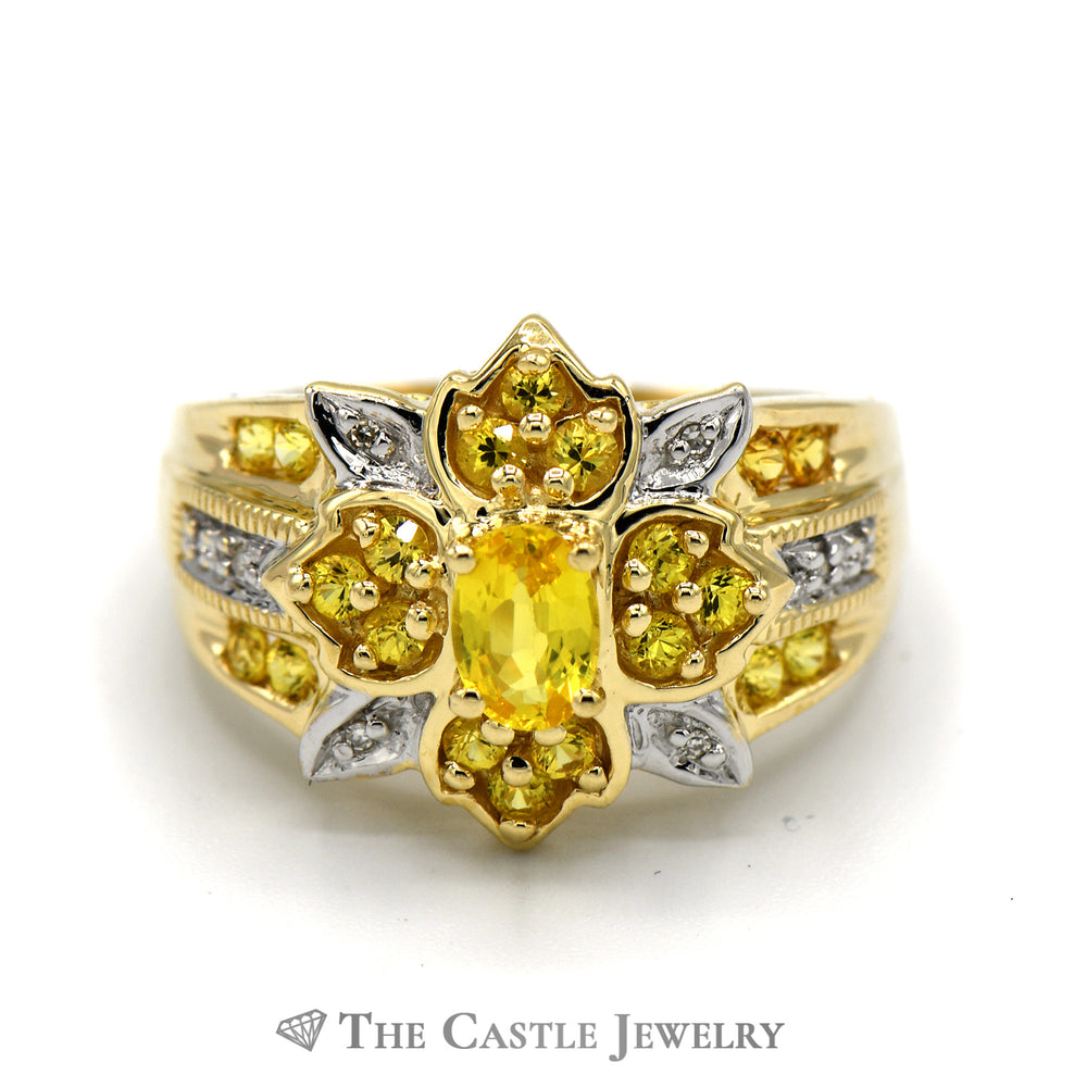 Oval Citrine Ring with Round Diamond and Citrine Accents in 14k Yellow Gold Flower Design