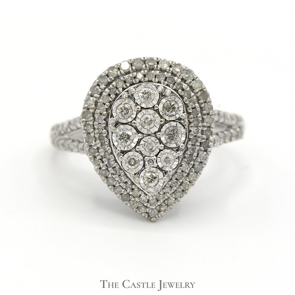 1cttw Pear Shaped Diamond Cluster Ring with Double Halo and Accents in 10k White Gold