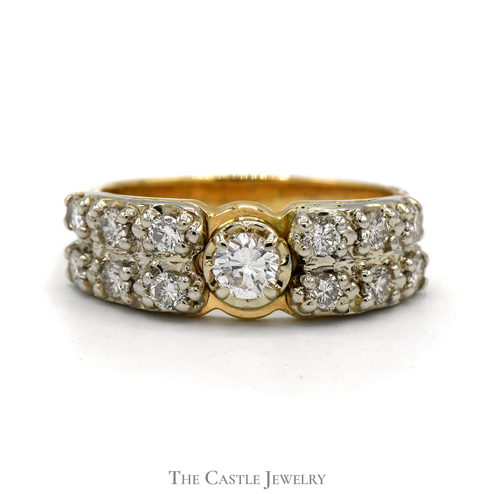 1cttw Round Diamond Solitaire with Double Row of Diamond Accents in 14k Yellow Gold