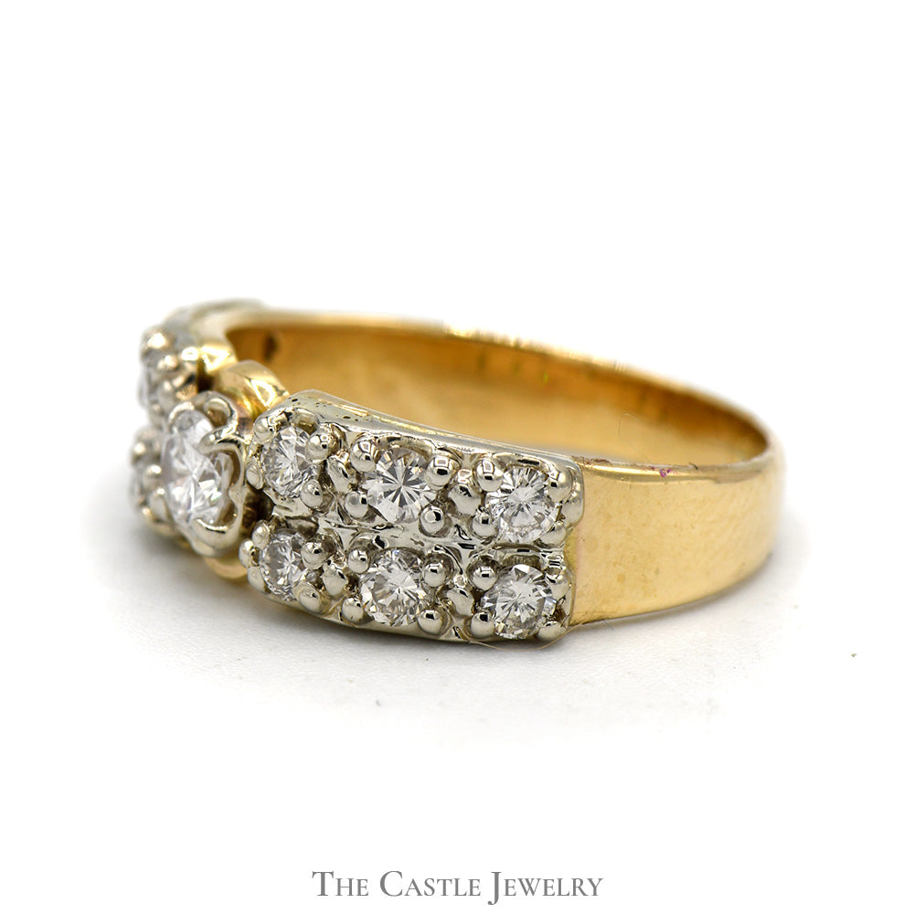 1cttw Round Diamond Solitaire with Double Row of Diamond Accents in 14k Yellow Gold