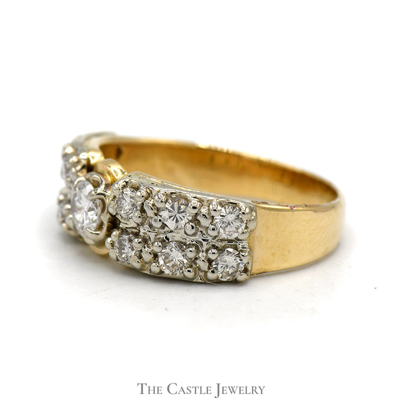 1cttw Round Diamond Solitaire with Double Row of Diamond Accents in 14k Yellow Gold