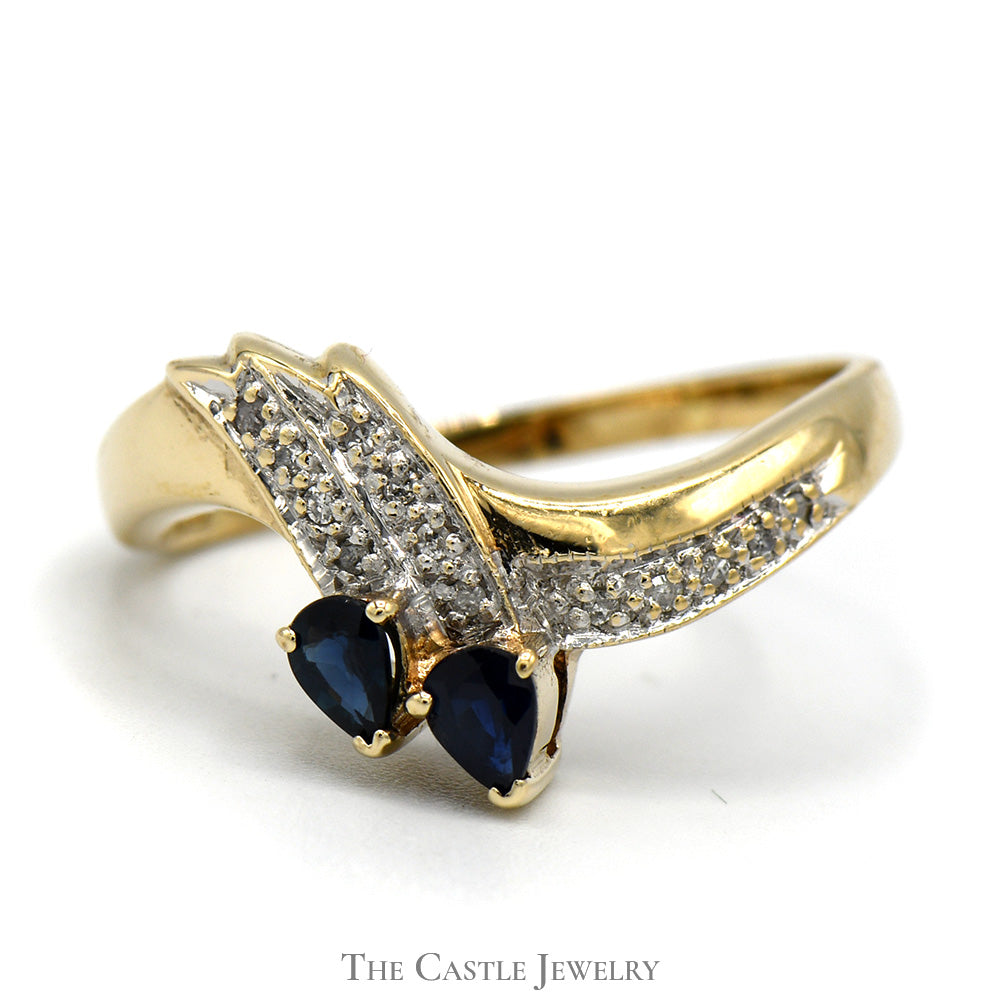 Double Pear Cut Sapphire Ring with Diamond Accents in 10k Yellow Gold Curved Band