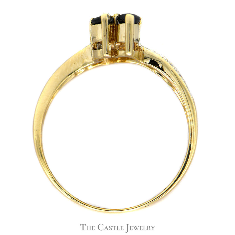 Double Pear Cut Sapphire Ring with Diamond Accents in 10k Yellow Gold Curved Band