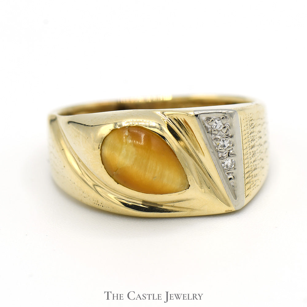 Pear Shaped Cabochon Yellow Cats Eye Ring with Diamond Accents in 10k Yellow Gold