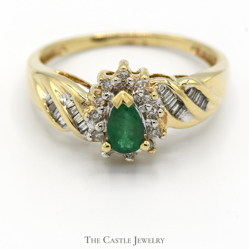 Pear Cut Emerald Ring with Diamond Halo and Baguette Accents in 10k Yellow Gold