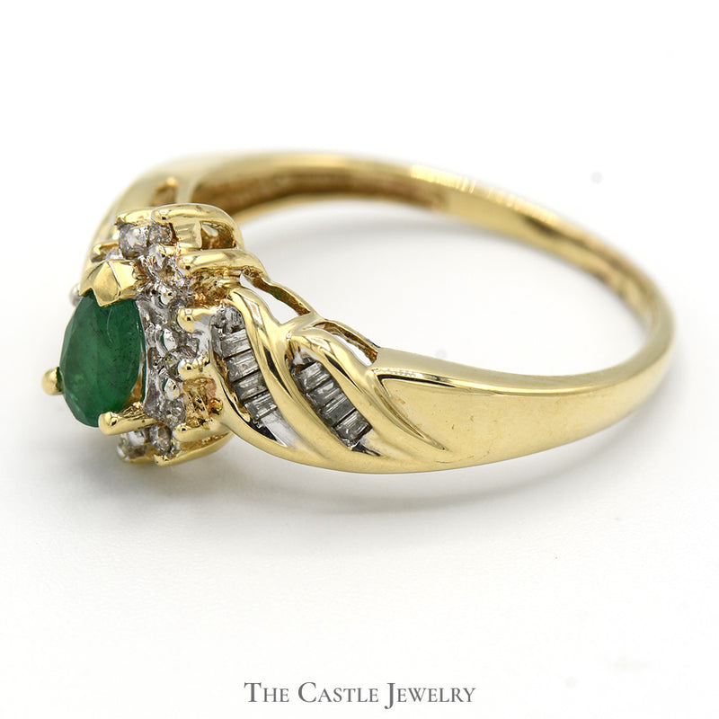 Pear Cut Emerald Ring with Diamond Halo and Baguette Accents in 10k Yellow Gold