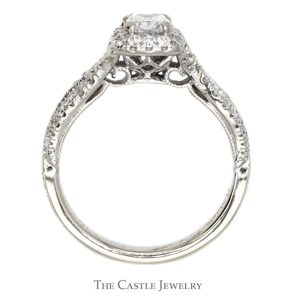 1.02cttw Princess Cut Diamond Engagement Ring with Diamond Halo and Accented Twisted Sides in 14k White Gold