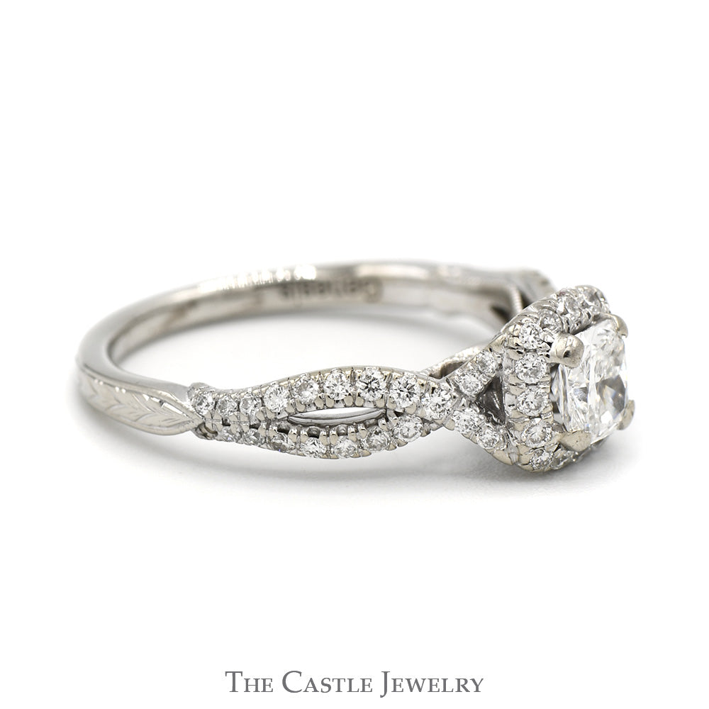1.02cttw Princess Cut Diamond Engagement Ring with Diamond Halo and Accented Twisted Sides in 14k White Gold