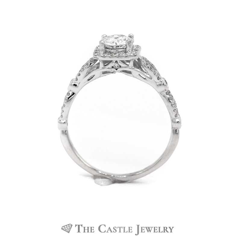 1.25CTTW Round Diamond Halo Engagement Ring with Twisted Sides in 14K White Gold