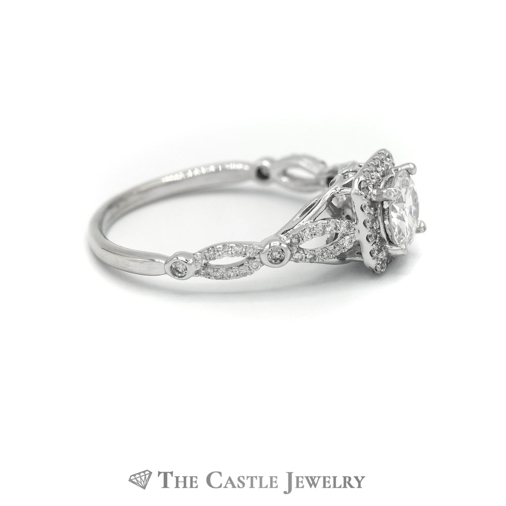 1.25CTTW Round Diamond Halo Engagement Ring with Twisted Sides in 14K White Gold