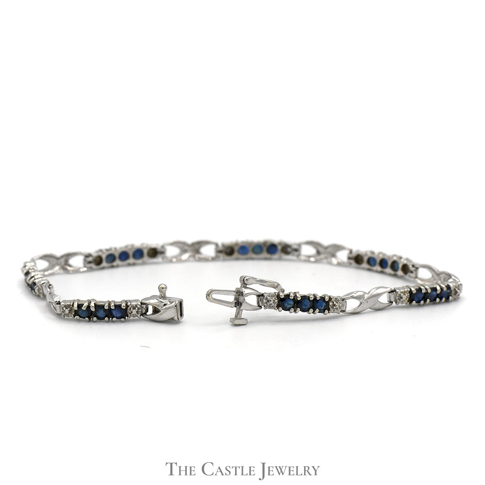 7 Inch Triple Sapphire and Diamond Link Bracelet in 10k White Gold