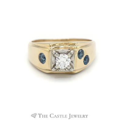 Old European Cut Diamond Solitaire with Round Blue Diamond Accent in 14KT Yellow Gold