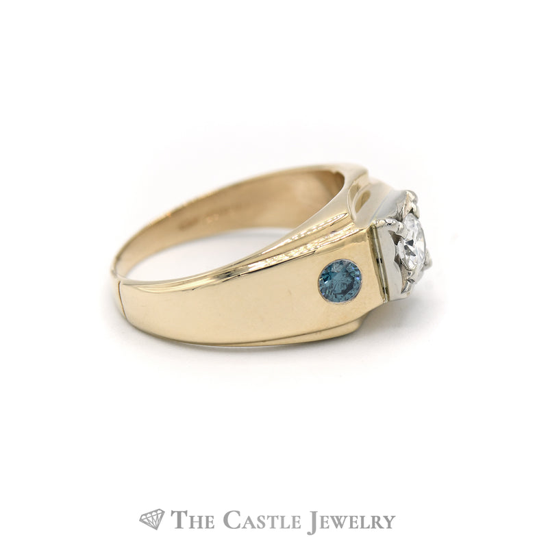 Old European Cut Diamond Solitaire with Round Blue Diamond Accent in 14KT Yellow Gold