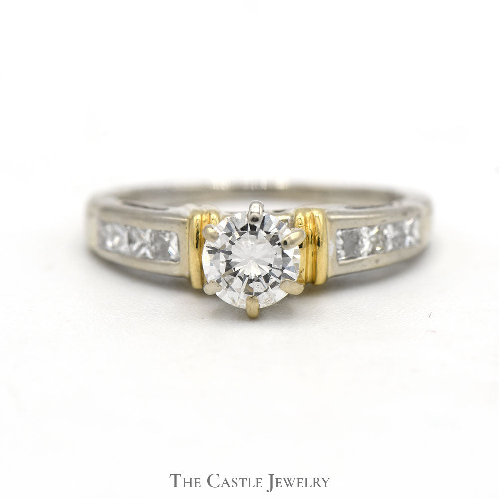 Round Diamond Engagement Ring with Princess Cut Diamond Accents in 14k Two Tone Yellow and White Gold