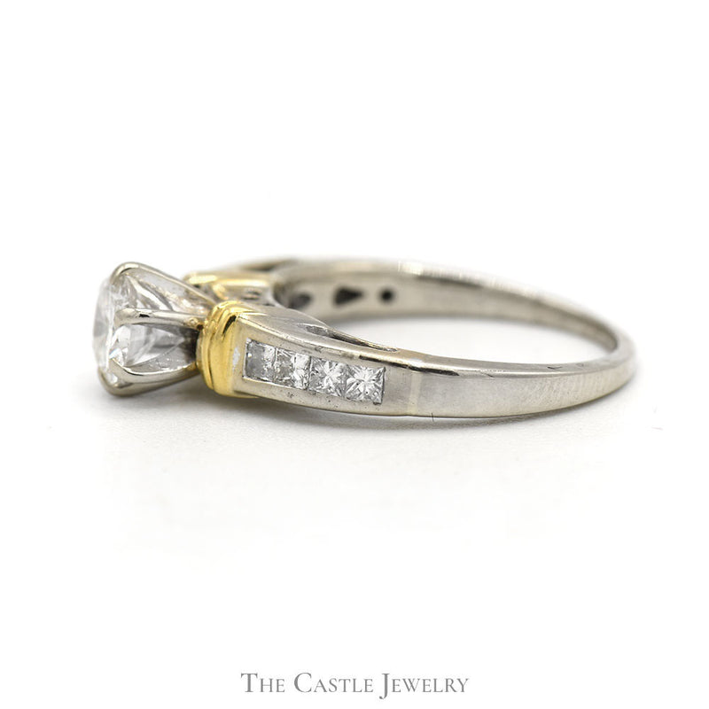Round Diamond Engagement Ring with Princess Cut Diamond Accents in 14k Two Tone Yellow and White Gold