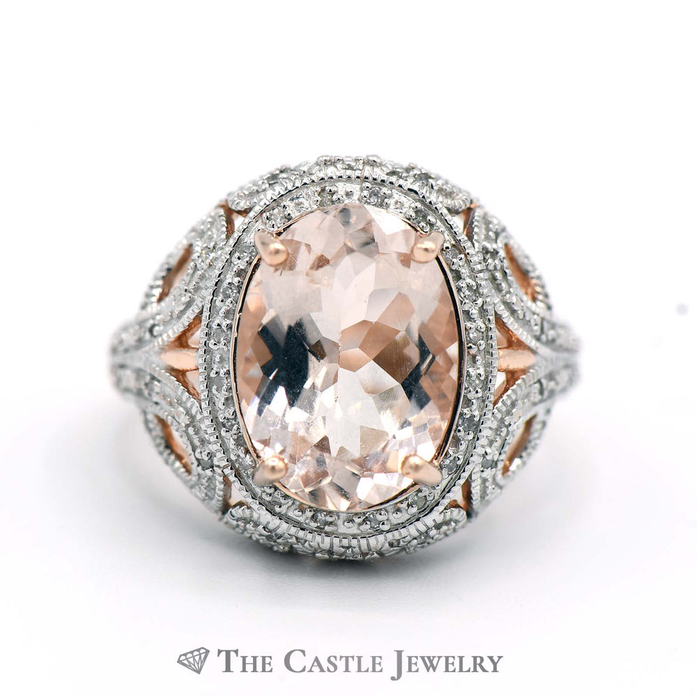 Large Oval Morganite Ring with Diamond Halo & Accents in 10k Rose Gold Floral Designed Mounting
