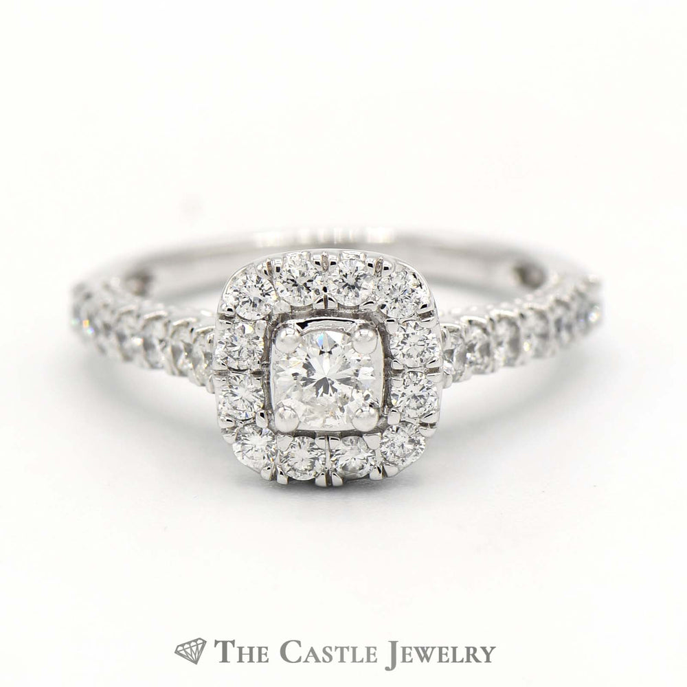 Round Diamond Engagement Ring with Diamond Halo & Accents in 14k White Gold Cathedral Mounting