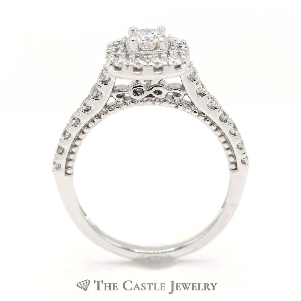 Round Diamond Engagement Ring with Diamond Halo & Accents in 14k White Gold Cathedral Mounting