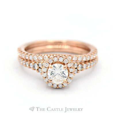 1cttw Round Diamond Bridal Ring with Diamond Halo & Matching Diamond band in 18k Rose Gold