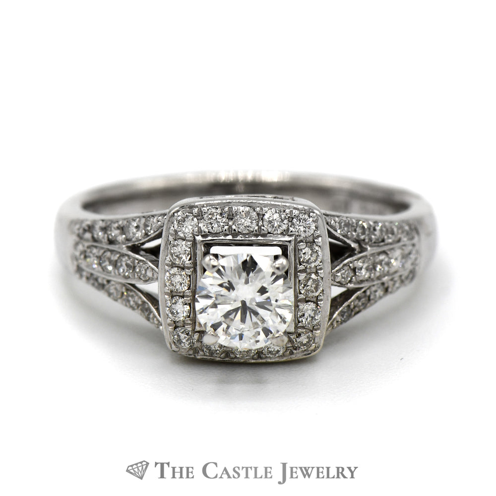 1cttw Round Diamond Engagement Ring with Square Shaped Halo And Diamond Accented Split Shank Sides in 14k White Gold