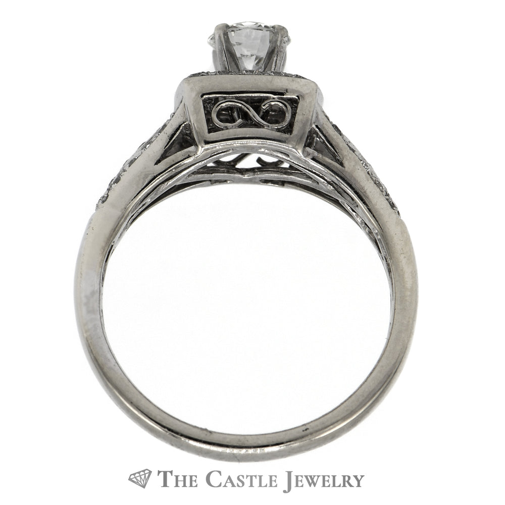 1cttw Round Diamond Engagement Ring with Square Shaped Halo And Diamond Accented Split Shank Sides in 14k White Gold