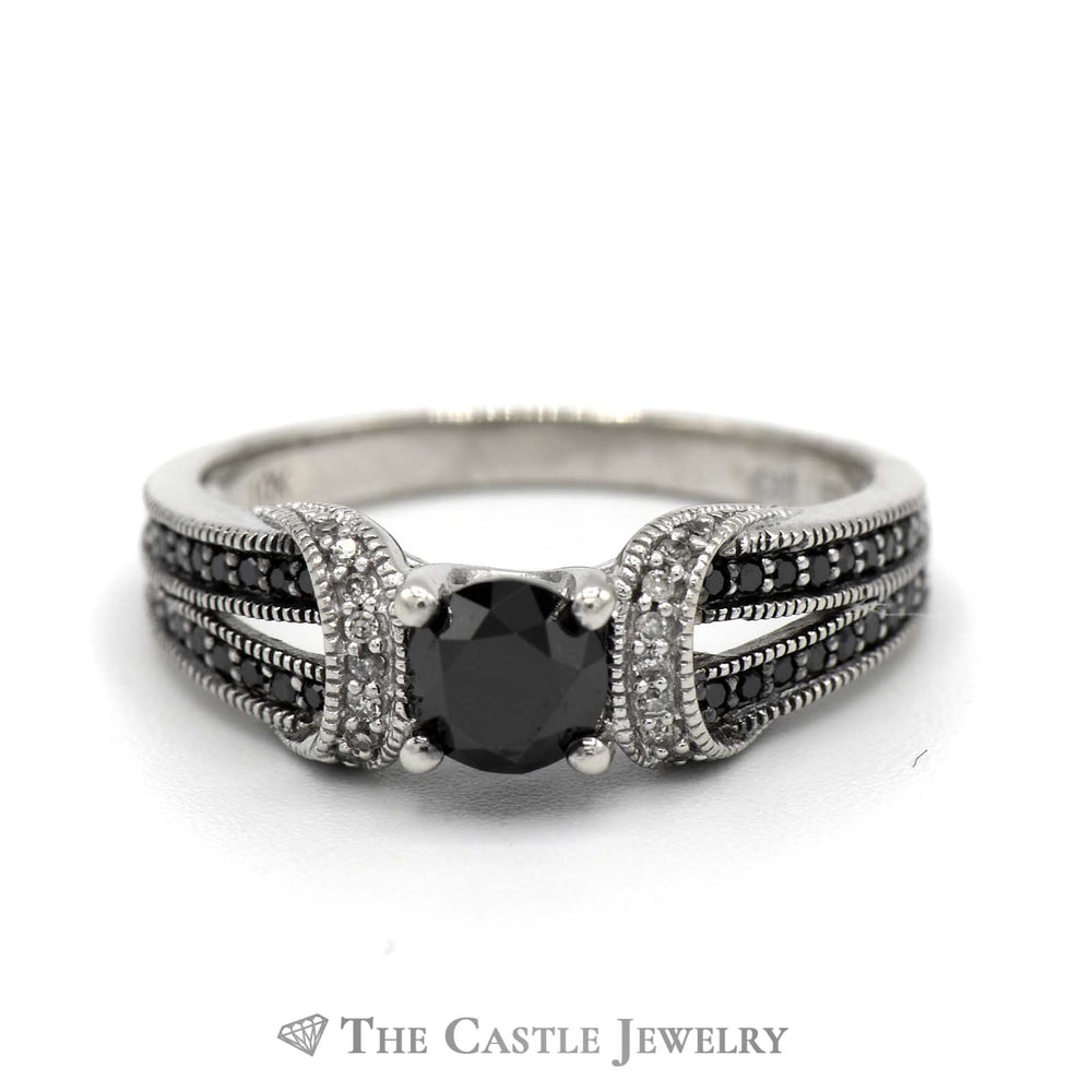 Round Black Diamond Engagement Ring with White and Black Diamond Accents in 10k White Gold Split Shank Setting