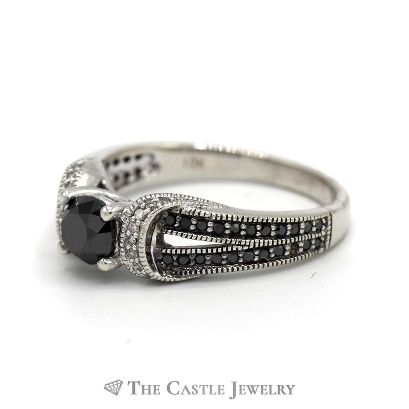 Round Black Diamond Engagement Ring with White and Black Diamond Accents in 10k White Gold Split Shank Setting