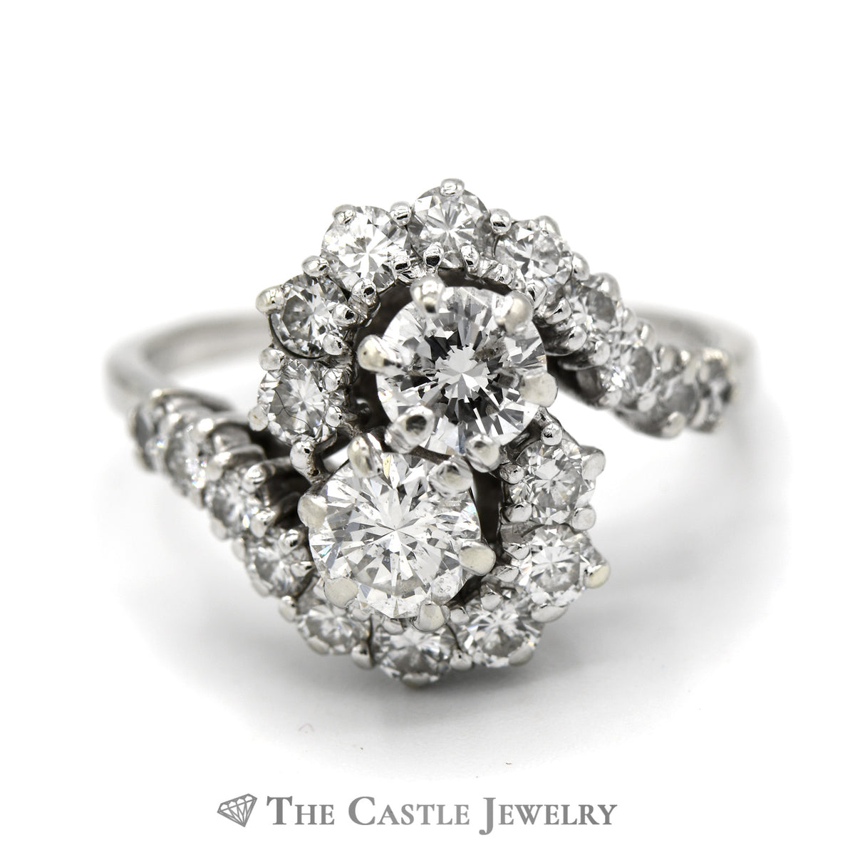 2cttw Bypass Style Double Diamond Cocktail Ring with Swirling Diamond Halos in 14k White Gold