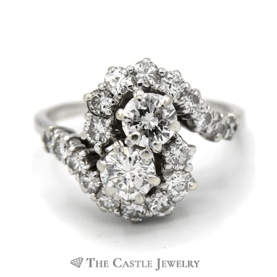 2cttw Bypass Style Double Diamond Cocktail Ring with Swirling Diamond Halos in 14k White Gold