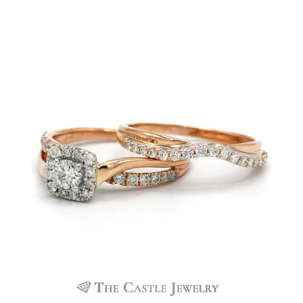 1cttw Round Diamond Bridal Set with Halo and Matching Accented Band in 14k Rose Gold