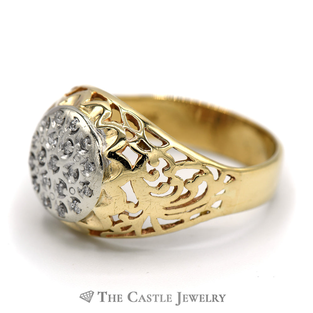 Kentucky Diamond Cluster Ring with Filigree Sides in 14k Yellow Gold