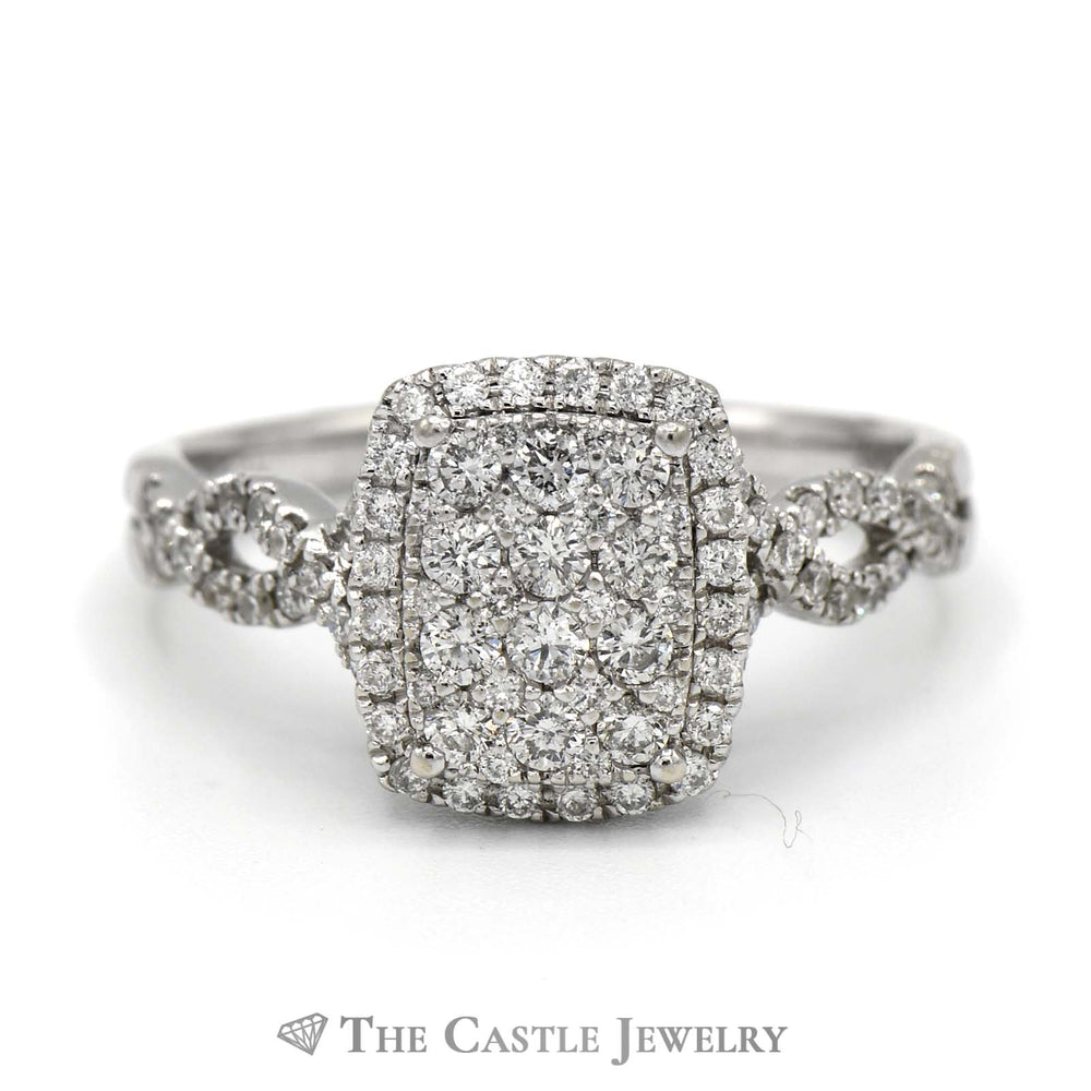 1cttw Emerald Shaped Diamond Cluster Engagement Ring with Diamond Accented Twisted Split Shank Sides in 14k White Gold