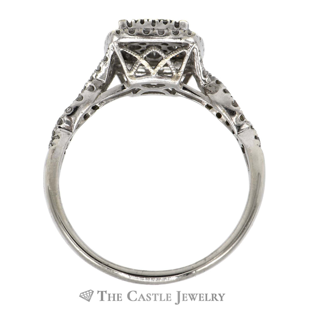 1cttw Emerald Shaped Diamond Cluster Engagement Ring with Diamond Accented Twisted Split Shank Sides in 14k White Gold