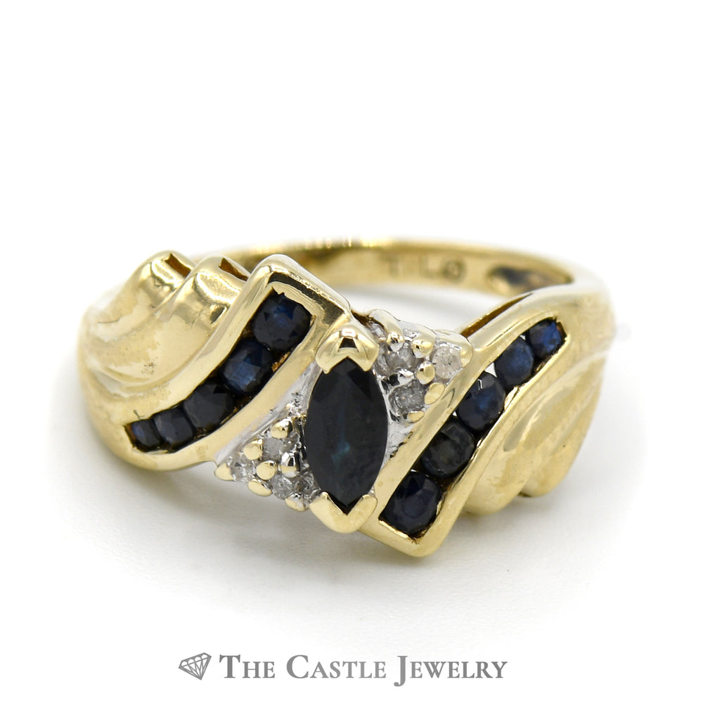 Marquise Cut Sapphire Ring with Round Diamond and Sapphire Accents in 10k Yellow Gold