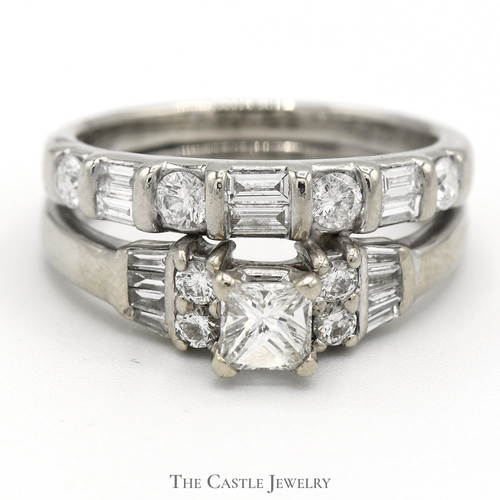 Princess Cut Diamond Bridal Set with Round and Baguette Diamond Accents and Matching Band in 14k White Gold